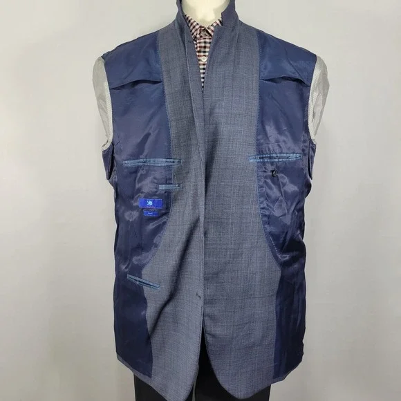 Egara Men's Sport Coat Blazer Two Button Navy Blue Plaid Wool Polyester Slim 50L